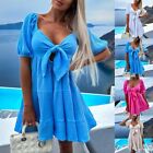 Women Lace Up Hollow Out Solid Loose A line Dress V Neck Sleeveless Beach Dress
