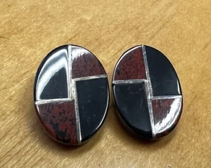 Pendientes de clip vintage mexicanos de plata esterlina 925 con incrustaciones de jaspe rojo ónix negro - Imagen 1 de 8