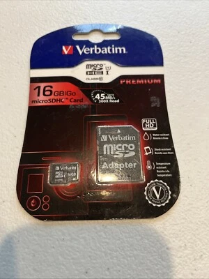 Verbatim 16gb/go Micro SDHC Card W/Adapter - Class 10 New $8.00 - Image 1 of 4