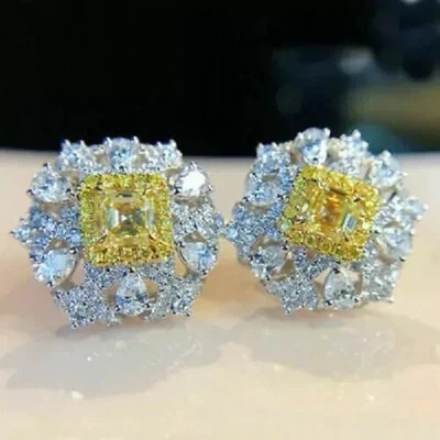 Aretes con halo de corte princesa de 2,50 quilates de citrino creados en laboratorio enchapados en oro blanco de 14 quilates Foto 1 de 4