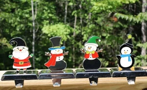 Set of 4 Chrome Enamal Christmas Stocking Holders Santa Snowman & Penguin - Picture 1 of 10