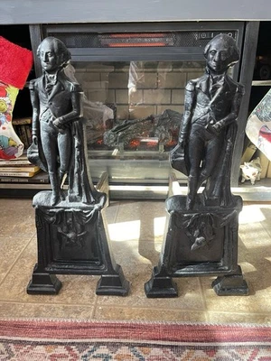 Cast Iron Virginia Metalcrafters George Washington Firedogs Andirons 19.5” Tall - Image 1 of 4