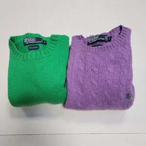 VTG Polo Ralph Lauren Purple Cable knit 100% Lambs Wool/Green Wool Sweater Small - Picture 1 of 14