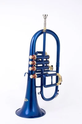 BLAU MESSINGOPTIK 4 VENTIL Bb/F FLÜGELHORN FREI-HARTSCHALENKOFFER + MUNDSTÜCK INSTRUMENT. - Bild 1 von 4