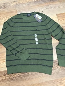 NWT MENS NAUTICA - NAVTECH Sz L ROUND NECK SWEATER Olive Navy Stripe (bx2) - Picture 1 of 6
