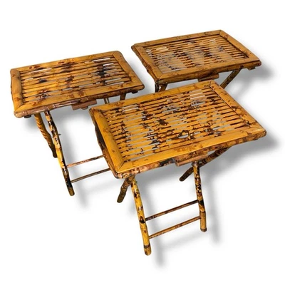 Juego de 3 Mesas de Café Bistro con Acento de Ratán Plegable Bambú Quemado con Cáscara de Tortuga MCM Foto 1 de 4