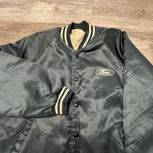 Vintage 70s Hartwell Ford Blue White Mens Large Satin Varsity Snap Bomber Jacket - Picture 1 of 11