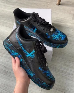 Nike Custom Air Force 1 Zapatos Negros "Feroz Azul Teal Salpicaduras" Hombres Mujeres Niño - Imagen 1 de 8