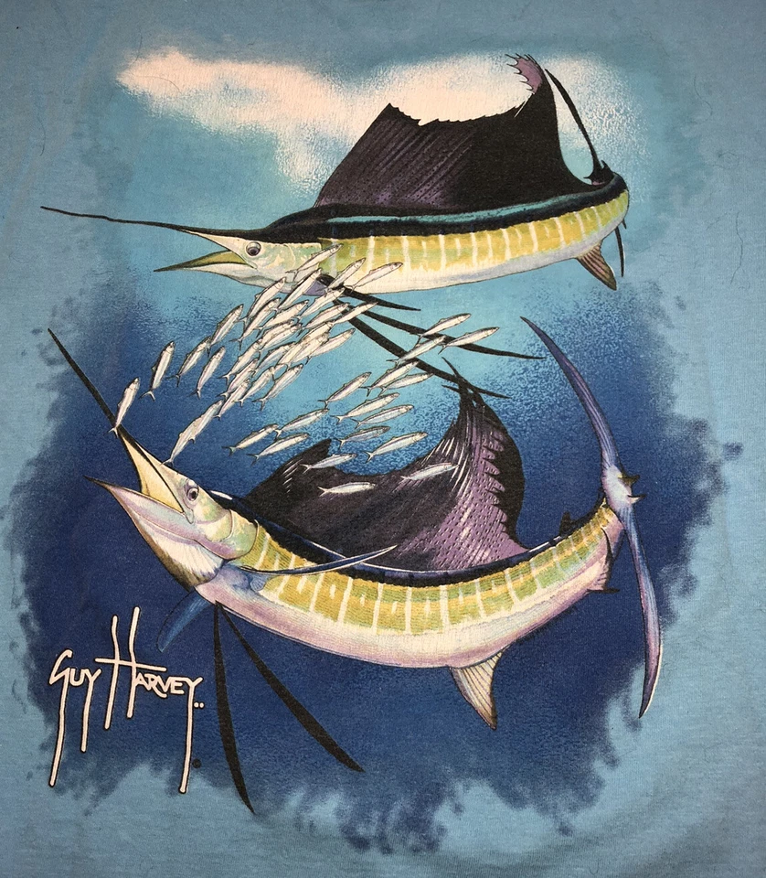 GRANDE Camiseta Guy Harvey Bluewater Doble Pez Vela Navegación Azul Foto 1 de 4