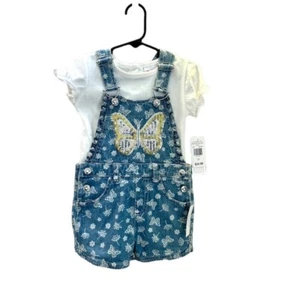Little Lass Toddler Blue Jean Butterfly Shortall Set w/ White T-Shirt Sz 5Y NWT - Picture 1 of 7