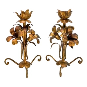 Mid Century Italian Gold Gilt Flower Candle Holders - a Pair - Picture 1 of 10
