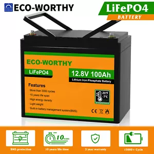 ECO-WORTHY 12V 100Ah LiFePO4 Lithium Battery Up to 15000+ Cycles Solar RV Marine - Picture 1 of 10