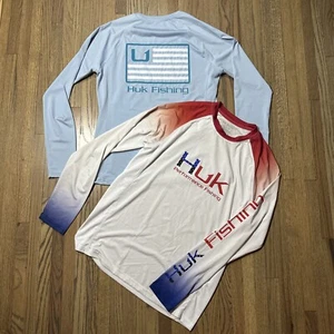 2 Huk Fishing Performance Sun Shirt SZ S/M USA FLAG Long Sleeve Logo Beach - Picture 1 of 21