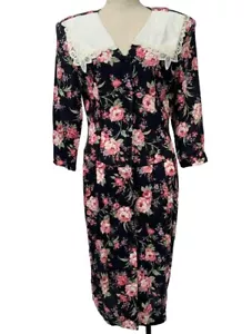 Vintage Womens Dress 5/6 Floral Prairie Lace Collar Cottagecore 80s Black Pink - Picture 1 of 12