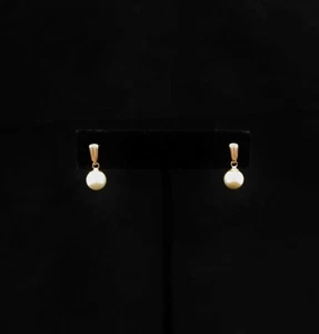 Coppia di orecchini pendenti vintage Estate oro giallo 14k 0,5" perle vere traforate - Foto 1 di 7
