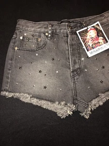MinkPink Short Women Sz.S-Cotton Bl-Distressed-Frayed Hem-Studs-Button Fly-Black - Picture 1 of 12
