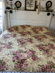 Cottagecore Cotton YELLOW Pink ROSE PATCHWORK QUILT Reversible Patchwork - Picture 1 of 10