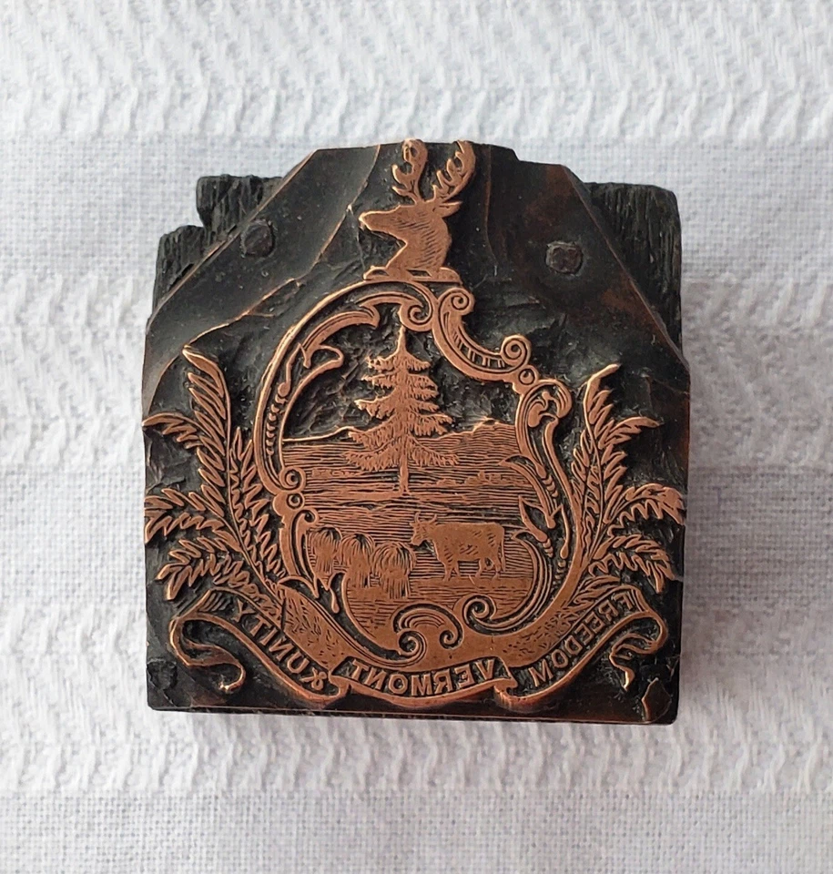 Vintage Wood and Copper Letterpress Printing Block State Seal of Vermont - Image 1 of 1