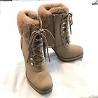 Steve Madden Timing Tan Boot 4? Heel Lace Up Side Zip Leather Outsole Wood Heel