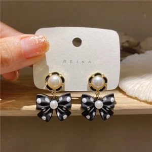 White Pearl Bow Drop Dangle Earrings for Women, Elegant Pearl Earrings,Gifts - Picture 1 of 5