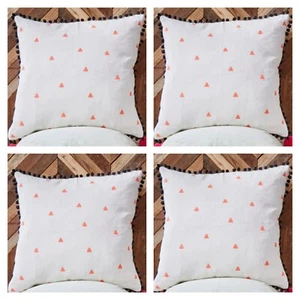 Set of 4 Black Pom Pom Fringe Beige Cushion Covers Orange Triangle 24x24" 60cm - Picture 1 of 5