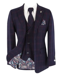 Boys Plaid Check Suit Navy Blue and Burgundy 5 Piece Page Boy Wedding Prom Set - Picture 1 of 12