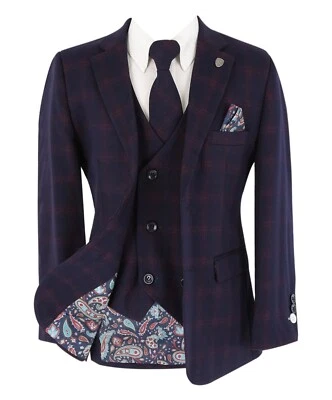 Boys Plaid Check Suit Navy Blue and Burgundy 5 Piece Page Boy Wedding Prom Set - Image 1 of 4