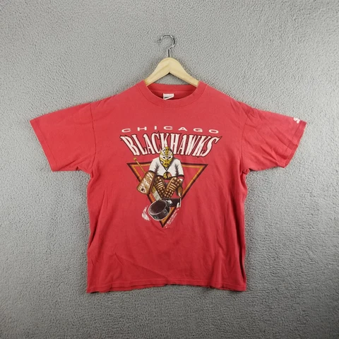 Vintage Starter 1990 NHL Chicago Blackhawks Hockey T-Shirt Red L Tee USA Cover