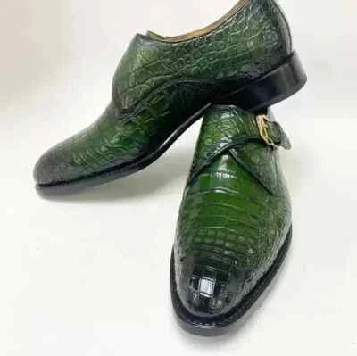 Sapatos de escritório masculinos feitos à mão de crocodilo verde, alça de monge de couro para homens - Imagem 1 de 4