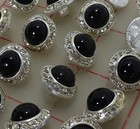 12 Vintage Czech Metal Rhinestone Buttons Silver Black Glass Stone 5/8" 16mm 140