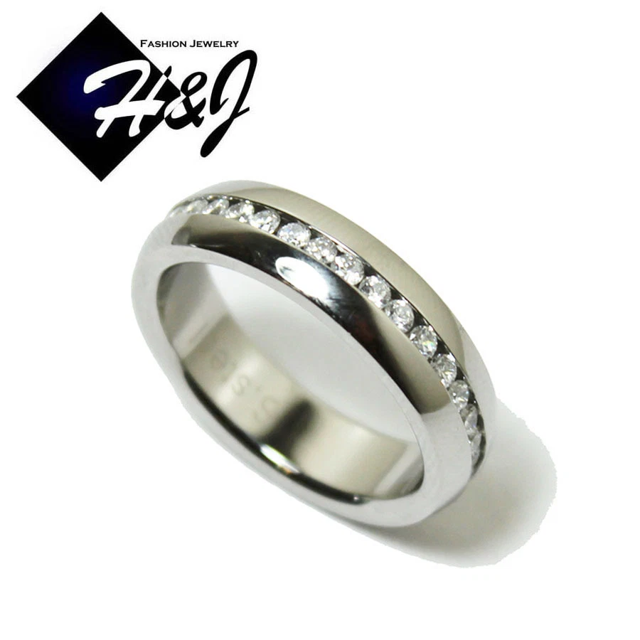 Anillo de boda de eternidad plateado de 6 mm con circonita cúbica completa de acero inoxidable para hombres y mujeres Foto 1 de 4