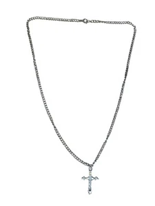 Vintage Silver Tone Cross Crucifix Pendant Crystal Rhinestones Chain Necklace - Picture 1 of 13