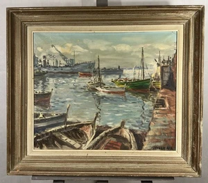 Antique Oil on Canvas Signed Near Of Pointillism: Boats IN Un Port - Picture 1 of 11