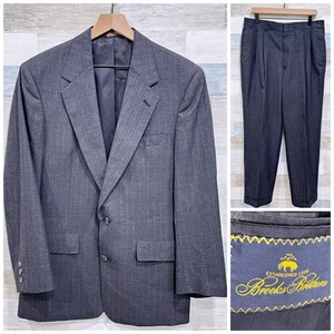 Brooks Brothers Wool Pinstripe Suit Gray Pleated Pants Vintage USA Mens 41R - Picture 1 of 14