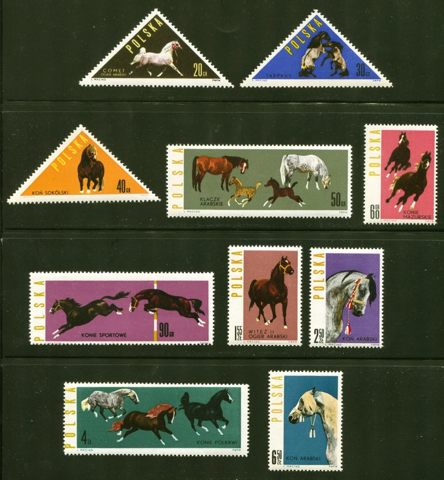 波兰斯科特 # 1188 - 97,马匹发行,1963 年 F/VF 全新邮票 10 张邮票,SCV:8.35 美元 — 第 1/1 张图片