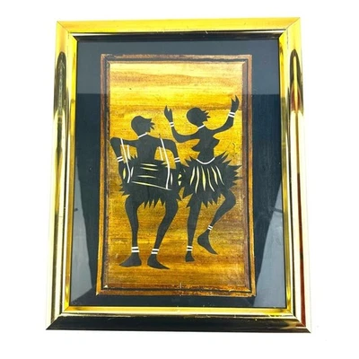 Vintage African Handmade Banana Leaf Tribal Dancing Art Photo in Gold Frame - Image 1 of 4
