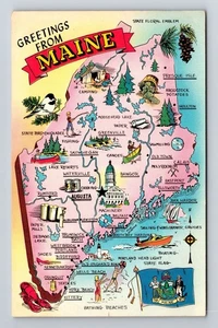 ME-Maine Greetings State Map Points Of Interest Vintage Souvenir Postcard - Picture 1 of 2