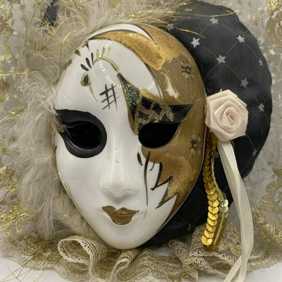 Venetian Carnival Porcelain Hand Painted Wall Mask Lace Mardi Gras Multicolor  - Image 1 of 4