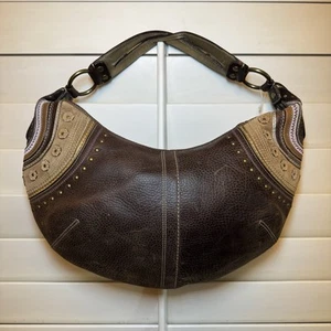 Coach Hobo Nubuck Brown Studded Distressed Leather Large Half Moon Bag #10477 - Picture 1 of 13