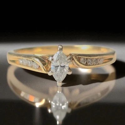 14K Yellow Gold .26TCW Diamond Marquise Solitaire w/Accents Size 7 Ring 2.7 Gram - Image 1 of 4