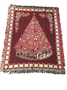 Reversible Christmas Tree Tapestry Throw Blanket 50"x60" Red & Cream Cotton - Picture 1 of 5