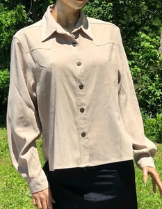 VTG 70s WRANGLER Western Wear Womens Beige Suedecloth LongSlv Buttondown Shirt L - Picture 1 of 8