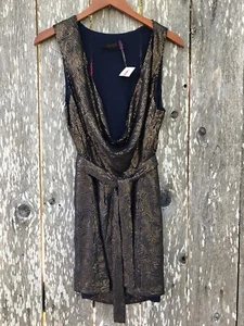 NWT Free People Blue Sz 8 Sleeveless Dress Bronze Sequin Low Neck Tie Belt 6561 - Picture 1 of 10