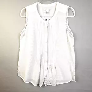 Liz Claiborne Sleeveless Blouse Women's Large White Lace Back Tucking Button Up - Picture 1 of 10