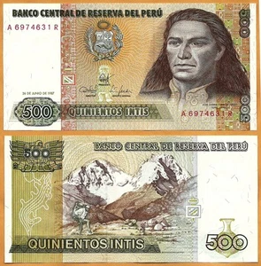 Billete de papel moneda Perú 1987 UNC 500 Intis P-134b - Imagen 1 de 1