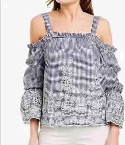 Blusa Joa Azul Bordada Guinga Cuadros Hombro Frío Talla XS Nueva con Etiquetas - Imagen 1 de 8