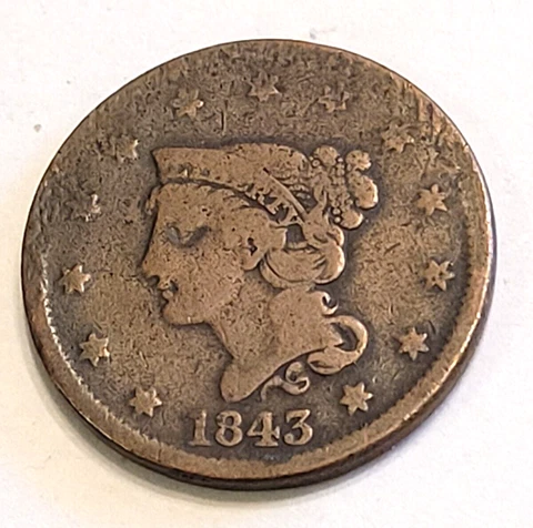 1843  BRAIDED HAIR LARGE CENT -  PETITE HEAD -  SMALL LETTERS Cover
