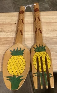 Set Of 2 Large 19-20” Wooden Spoon/Fork Wall Decor Pineapple Painted Design - Picture 1 of 1