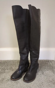 Free People Auburn Black Leather Over the Knee Boot Whipstitch Western SZ 5.5 - Picture 1 of 22
