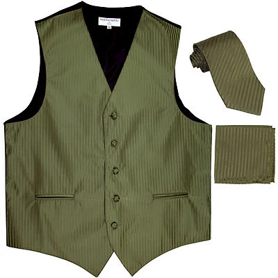 New Men's Formal Vest Tuxedo Waistcoat_necktie set stripes wedding Olive Green - Image 1 of 4
